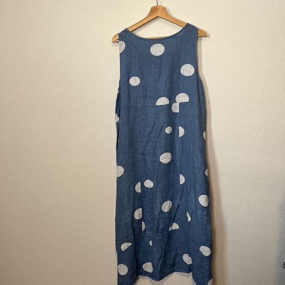 Lands Downunder Blue Polka Dot Chambray Linen Sleeveless Midi Dress Size Large - Picture 4 of 6